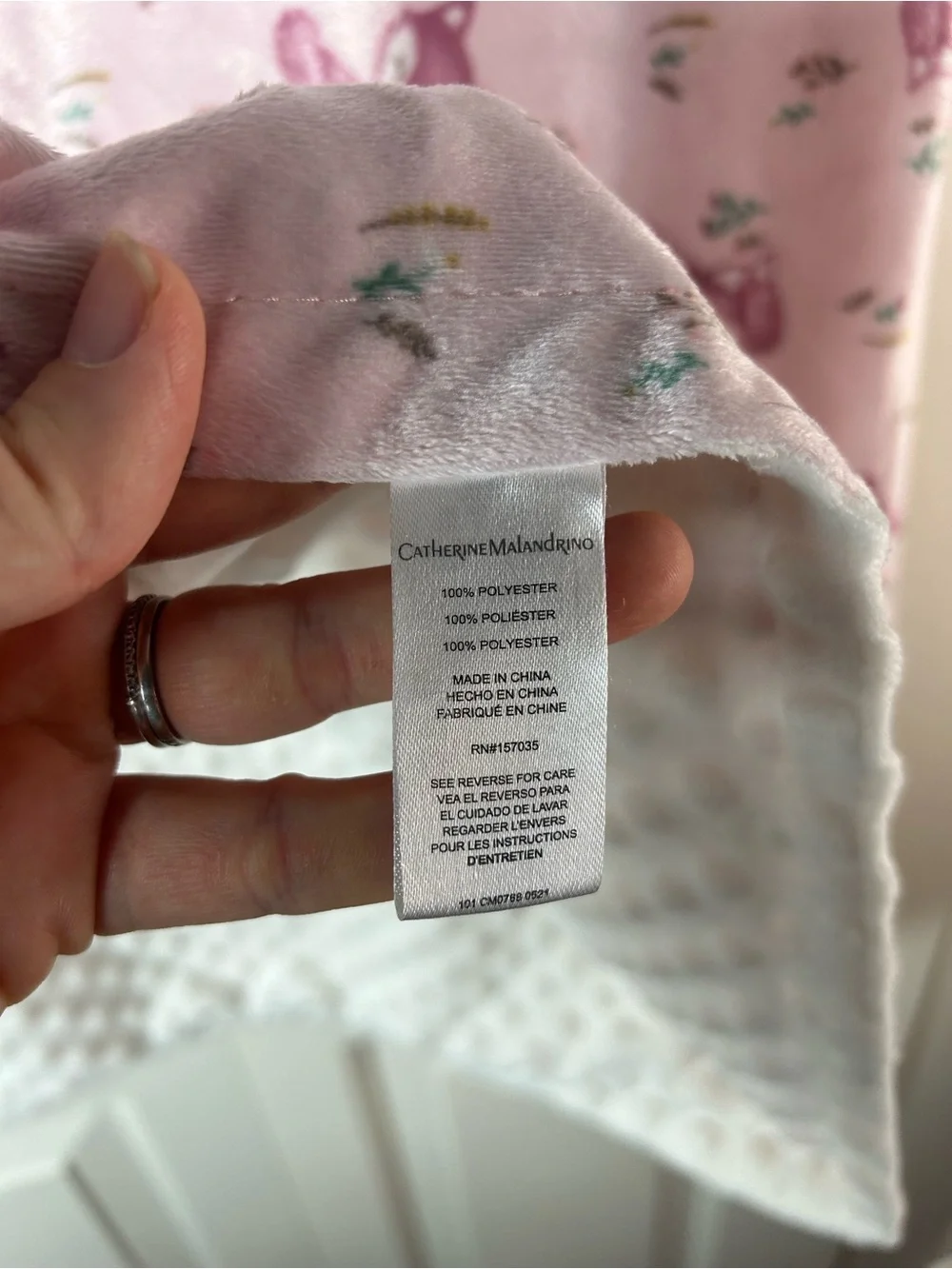 Catherine Malandrino Pink Fox Baby Blanket White Minky Dot Reversible Flowers
